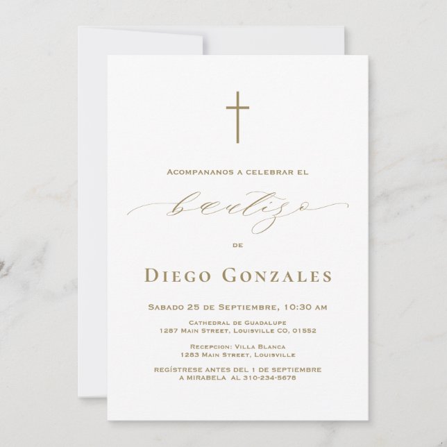 Gold White Invitacion De Bautizo Boy Baptism  Invitation (Front)