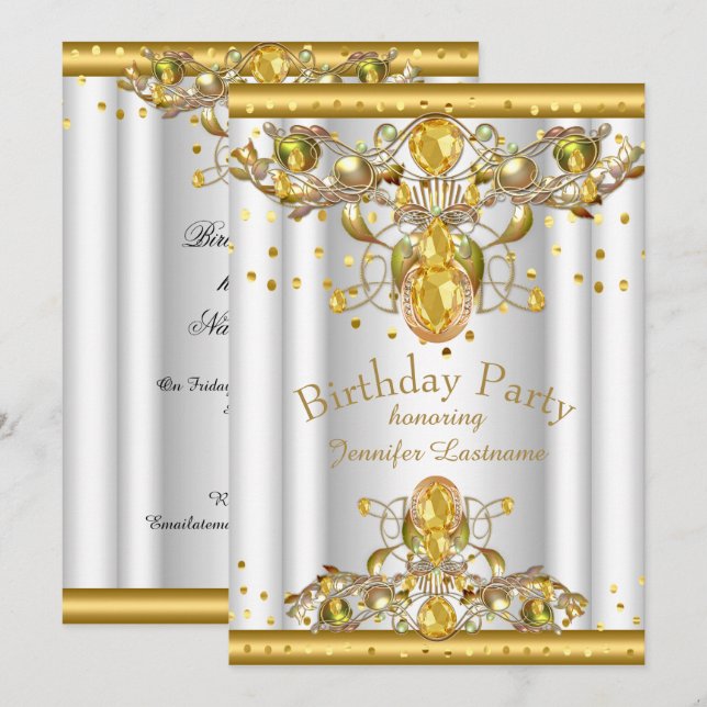 Gold White Jewelled Birthday Party Invitation (Front/Back)