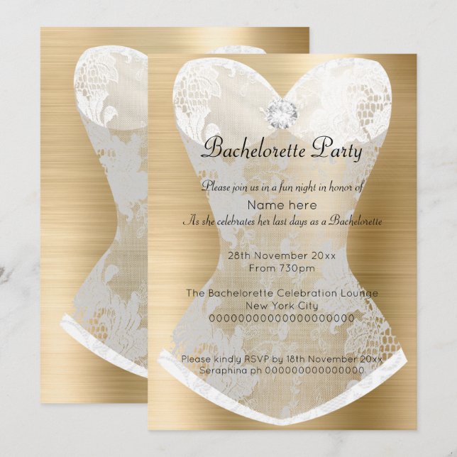 GOLD WHITE LACE CORSET BACHELORETTE INVITATION (Front/Back)