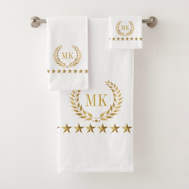 Gold White Laurel Wreath Monogram Bath Towel Set (Insitu)