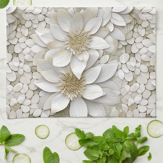 Gold White Lotus Flowers Tea Towel (Folded)