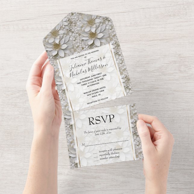 Gold White Lotus Flowers Wedding All In One Invitation (Tearaway)