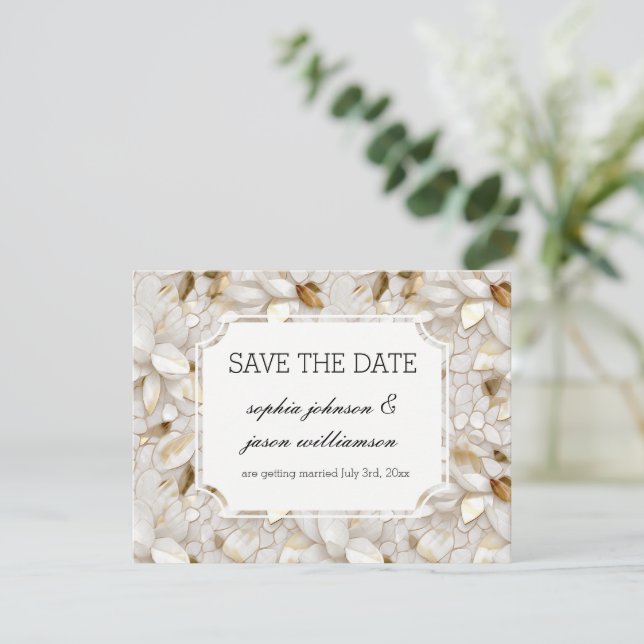 Gold White Lotus Flowers wedding save the date (Standing Front)