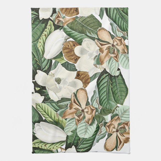 Gold White Magnolia Flowers Floral Kitchen Towel (Vertical)