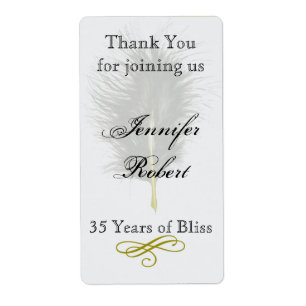 Gold White Marabou Feather Anniversary Wine Label
