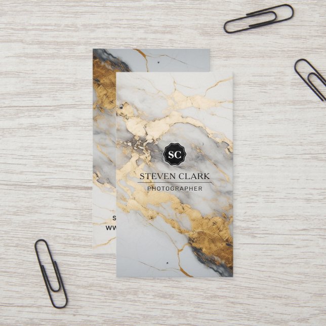 Gold White Marble Background | Lux Business Card (Front/Back In Situ)