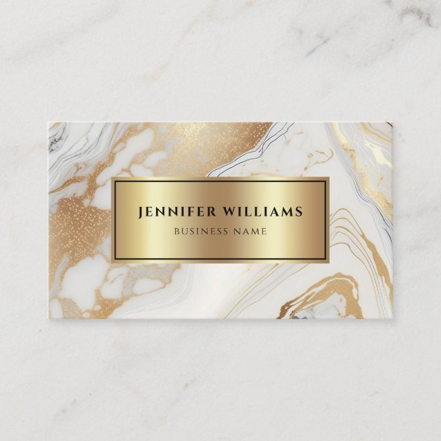 Gold White Marble Elegant Modern Black Business Card (Front)