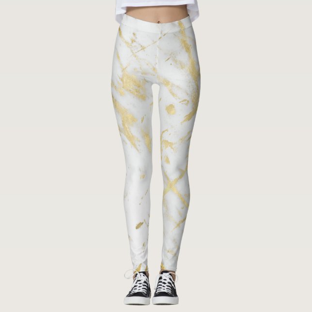 Gold & White Marble Glam Modern Chic Designer Leggings (Front)
