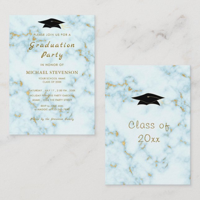 Gold White Marble Graduation Invitation Card (Front/Back)