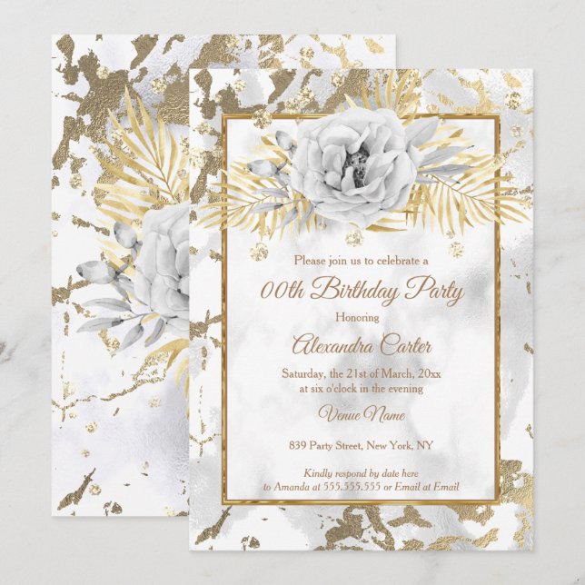 Gold white marble Rose Floral Birthday Party Invitation (Front/Back)