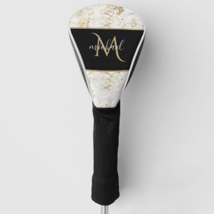 Gold & White Marble with Black Monogram Luxury Golf Head Cover
