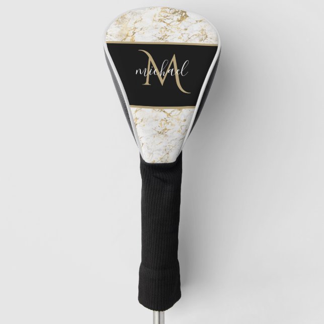 Gold & White Marble with Black Monogram Luxury Golf Head Cover (Front)