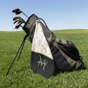 Gold & White Marble with Black Monogram Luxury Golf Towel