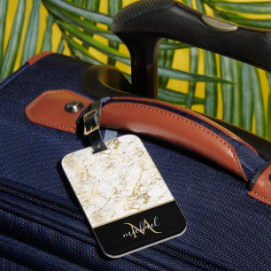 Gold & White Marble with Black Monogram Luxury Luggage Tag
