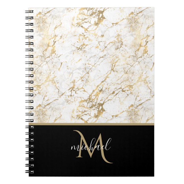 Gold & White Marble with Black Monogram Luxury Notebook (Front)