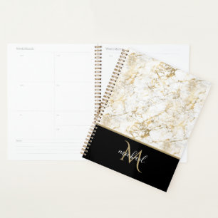 Gold & White Marble with Black Monogram Luxury Planner