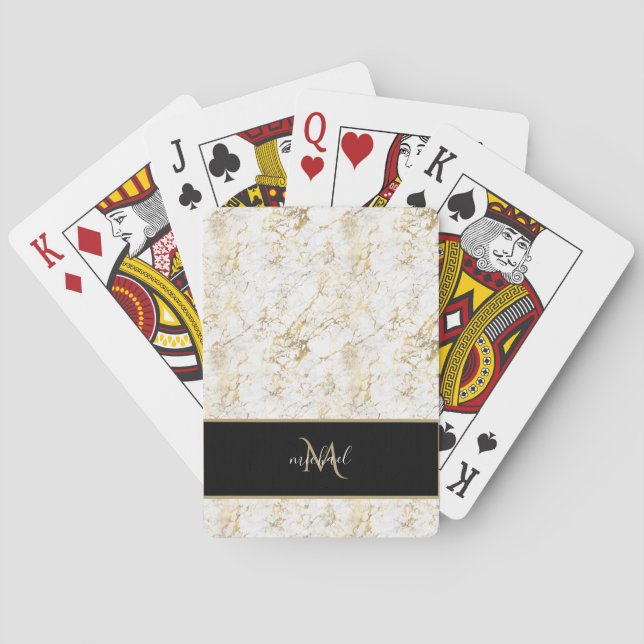 Gold & White Marble with Black Monogram Luxury Playing Cards (Back)