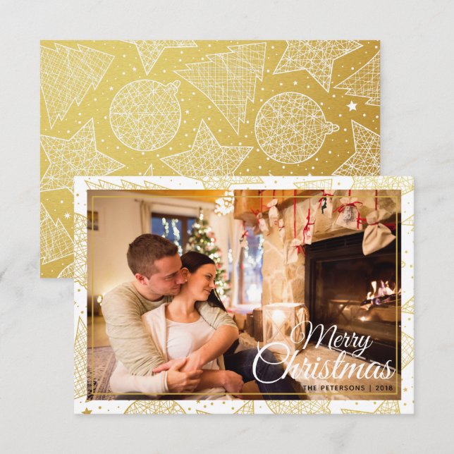 Gold & White Merry Christmas Holiday Family Photo Invitation (Front/Back)