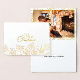 Gold & White Merry Christmas Pattern Family Photo Foil Card