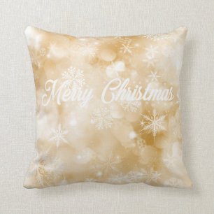 Gold & White Merry Christmas Snowflake Cushion