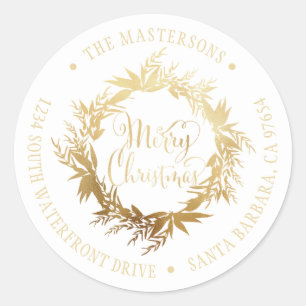 Gold White Merry Christmas Wreath Return Address Classic Round Sticker