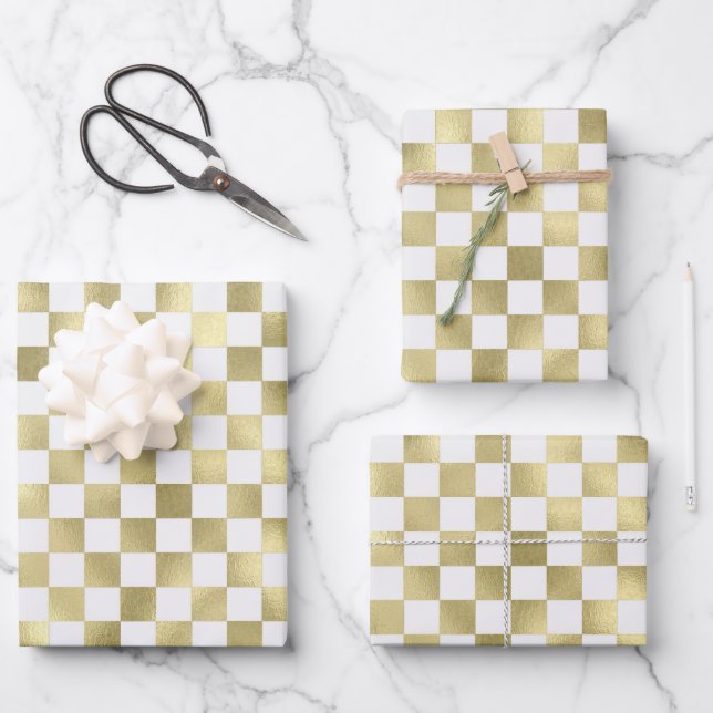 gold white metallic square pattern background wrapping paper sheet (Front)