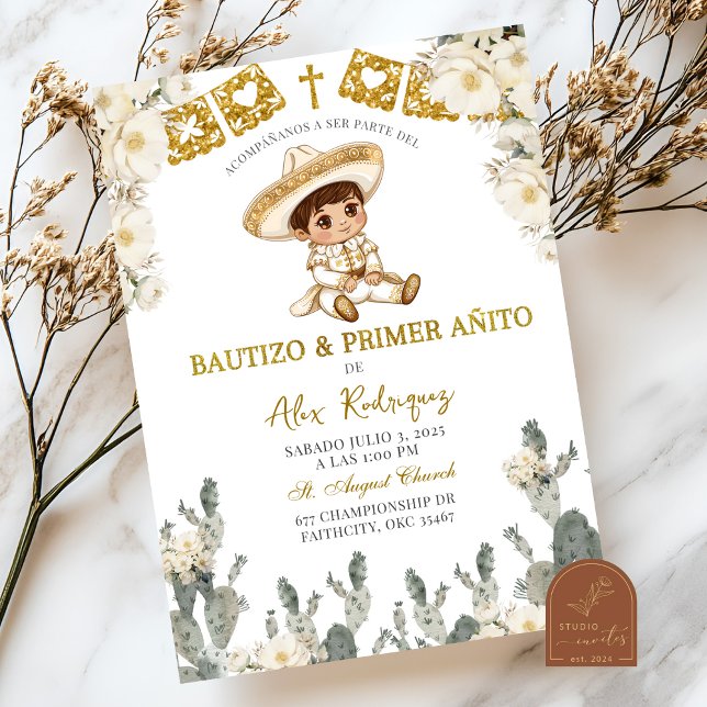 Gold White Mexican Bautizo Y Primer Anito Invitation (Creator Uploaded)