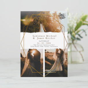 Gold white minimalist script 3 photos wedding save the date