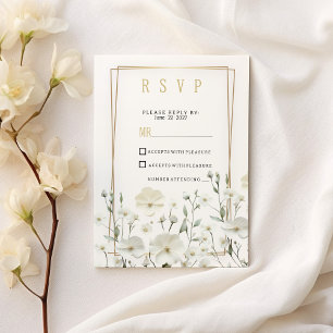 Gold white mint delicate floral arrangement RSVP  Invitation