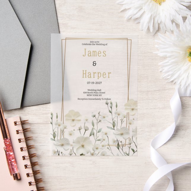 Gold white mint delicate floral Wedding Vellum Invitations (Wedding)