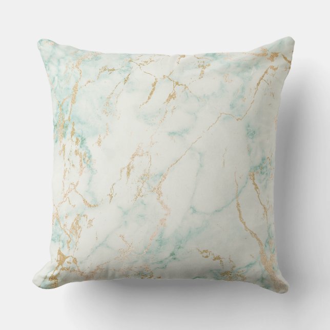 Gold White Mint Green Glam Marble Decor Cushion (Front)