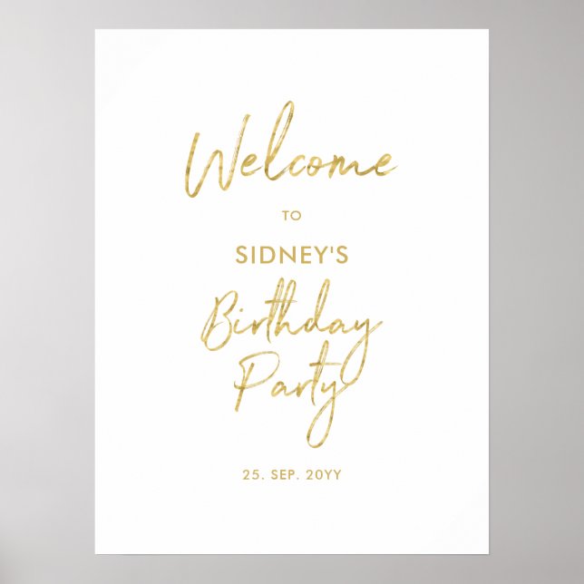 Gold & White Modern Birthday Party Welcome Poster (Front)