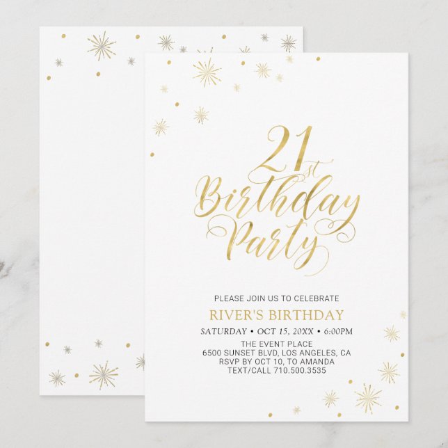 Gold & White | Modern Chic 21st Birthday Party Invitation (Front/Back)