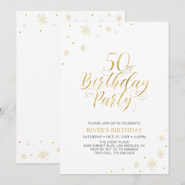 Gold & White | Modern Chic 50th Birthday Party Invitation (Front/Back)