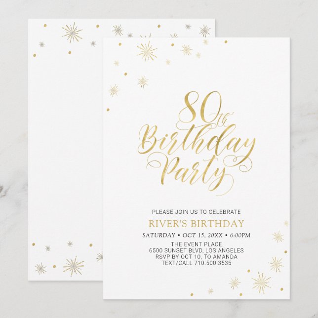 Gold & White | Modern Chic 80th Birthday Party Invitation (Front/Back)
