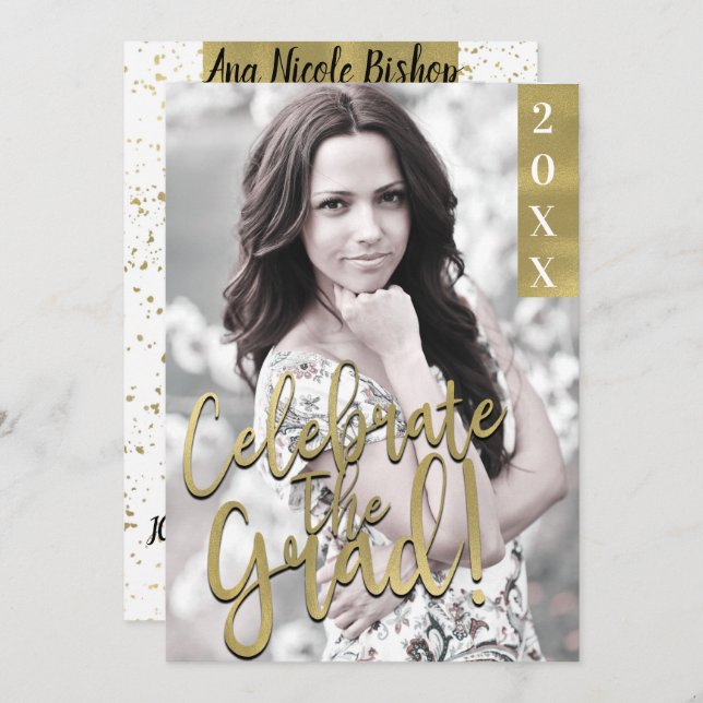 Gold & White Modern Graduation Grad Party Invitation (Front/Back)