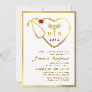 Gold White Modern Nursing School Graduation Party Invitation