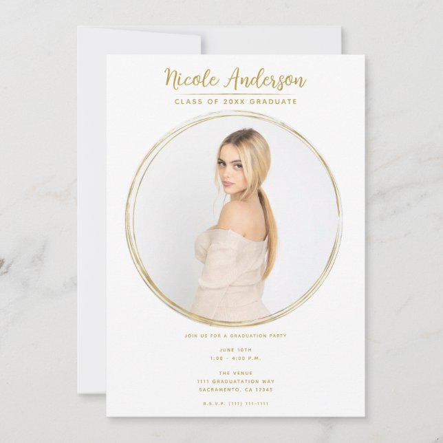 Gold & White Modern Round Photo Graduation Party Invitation (Front)