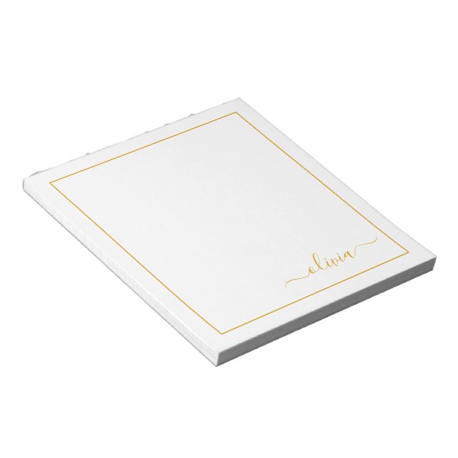 Gold White Modern Script Girly Monogram Name Notepad (Angled)