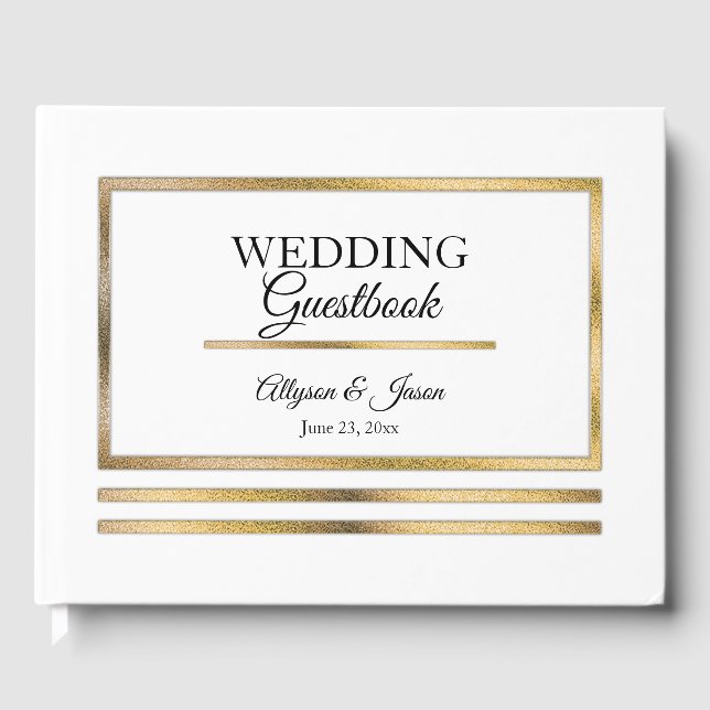 Gold | White Modern Simple Elegant Wedding Guest Book (Front)