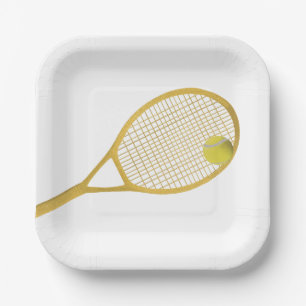 Gold & White Modern Tennis Ball Racket Paper Plate