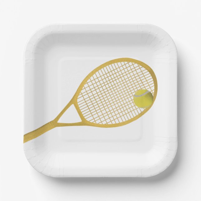 Gold & White Modern Tennis Ball Racket  Paper Plate (Front)