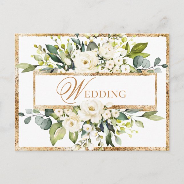 Gold White Monogram Floral Wedding Save the Date Postcard (Front)