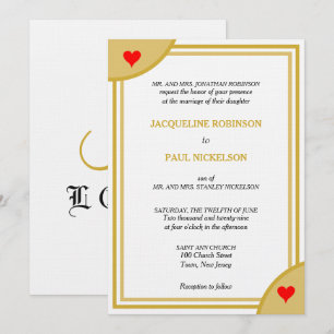 Gold White Monogram Geometric Wedding Red Hearts Invitation