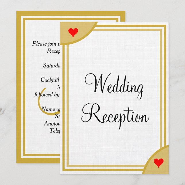 Gold White Monogram Wedding Reception Hearts Invitation (Front/Back)
