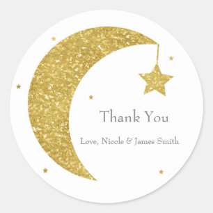 Gold & White Moon & Stars Baby Shower Favour Classic Round Sticker