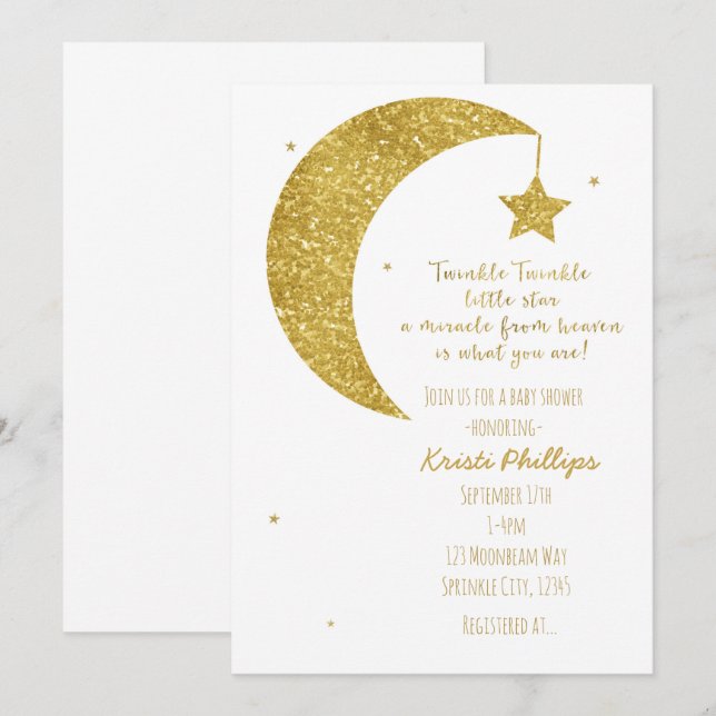 Gold & White Moon & Stars Baby Shower Invitations (Front/Back)