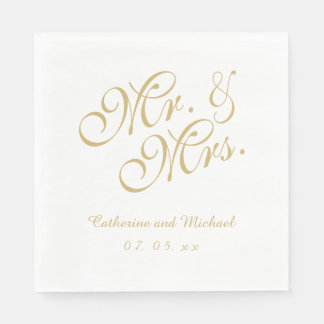 Gold White Mr. and Mrs. | Wedding Paper Napkins