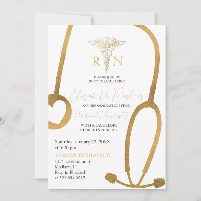 Gold White Nursing School Graduation Party Invitation (Front)