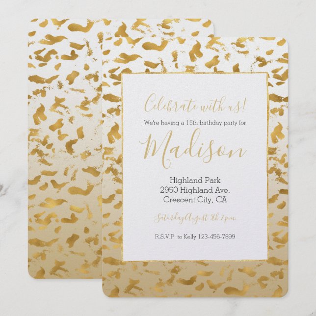 Gold White Ombre Animal Print Birthday Invitation (Front/Back)